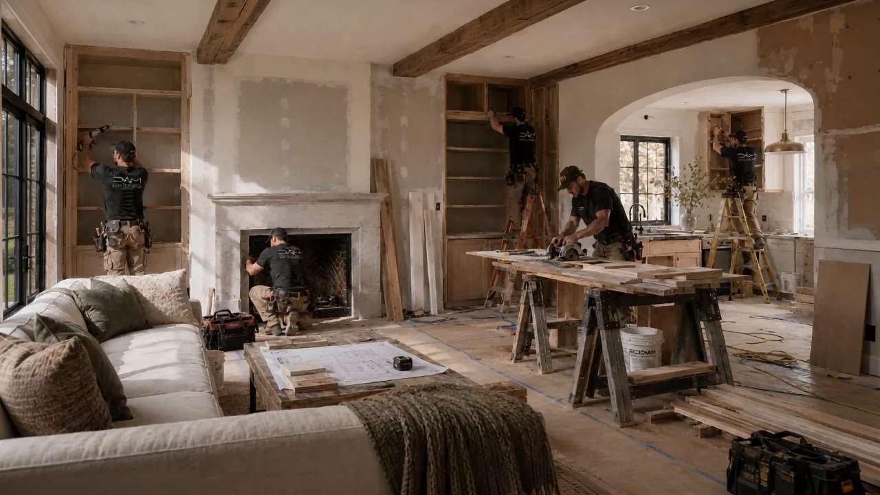 Michael Anthony Construction crew renovating a living room with a stone fireplace and custom built-ins