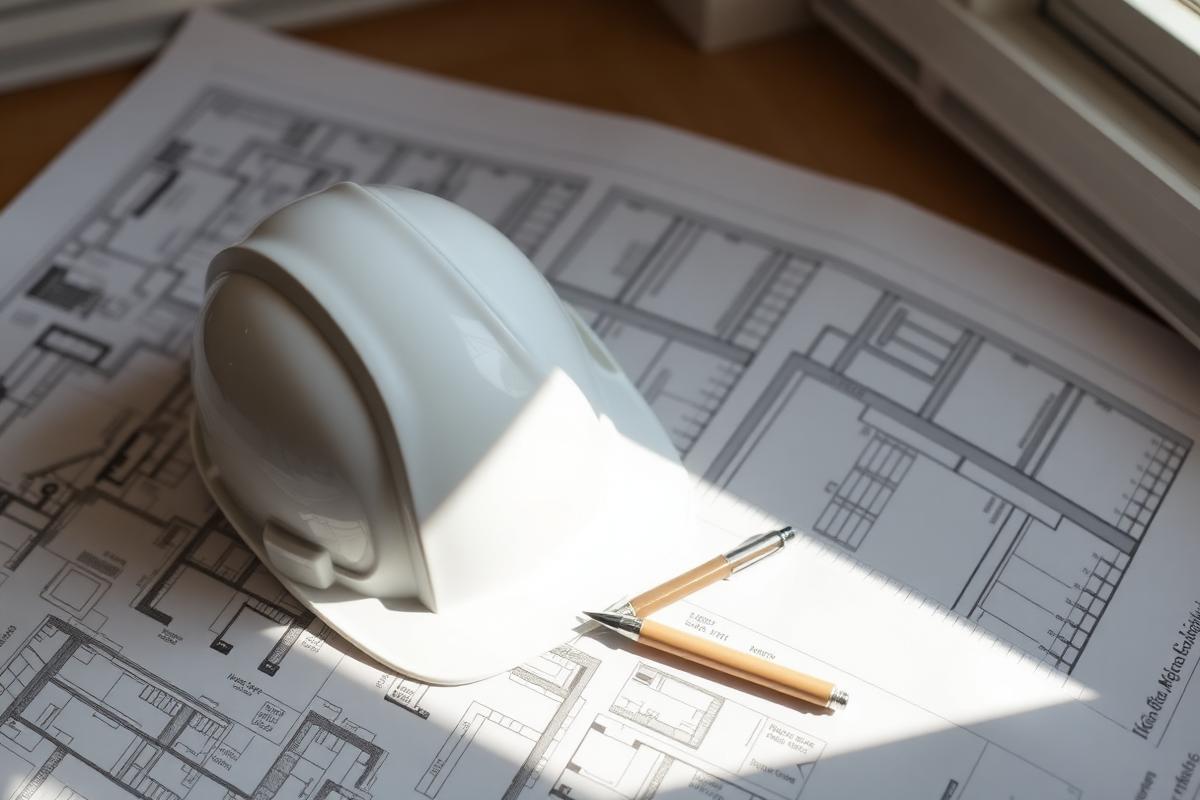 Architectural blueprints with a hard hat and pen