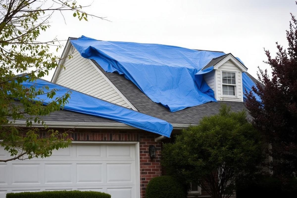 Home with blue tarp covering storm-damaged roof