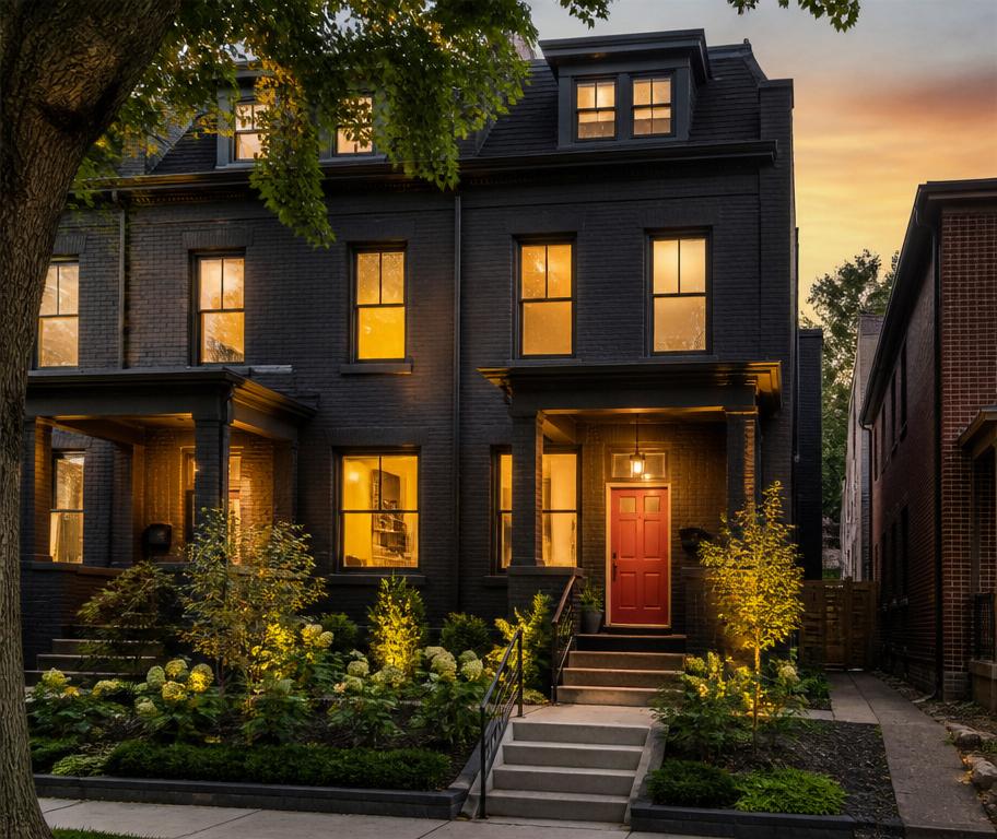 Renovated brick townhouse at dusk